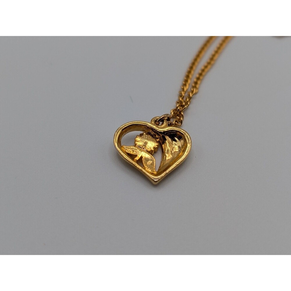 Vintage 90s Necklace Heart Flower Gold Tone Red Rhinestone Pendant Dainty Retro - Picture 7 of 10